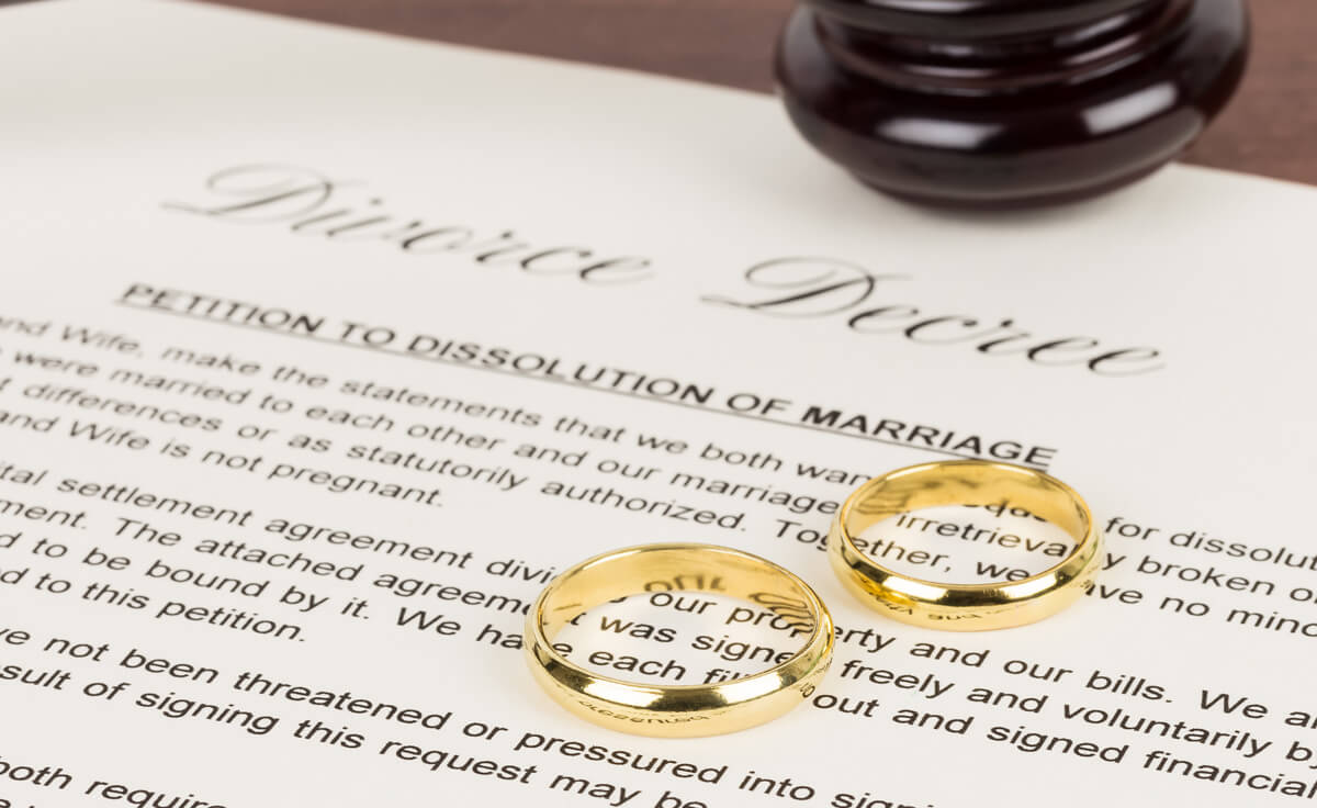 Wooden Judge Gavel, Golden Rings, And Divorce Decree; Document I